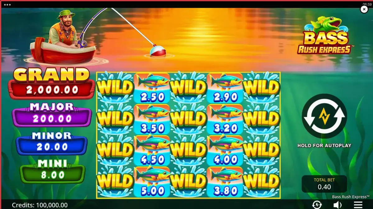 Tampilan layar permainan slot Bass Rush Express dengan tema memancing yang cerah
