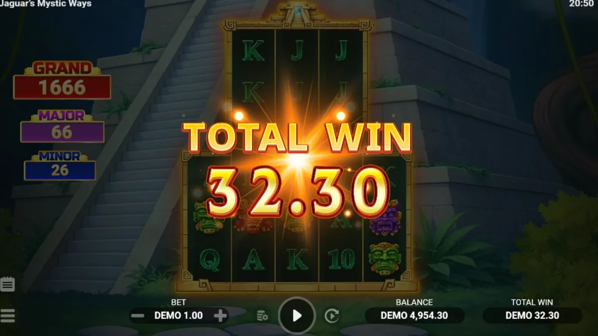 Pemandangan hutan kuno dengan simbol Jaguar dan kuil emas dalam slot Jaguar’s Mystic Ways